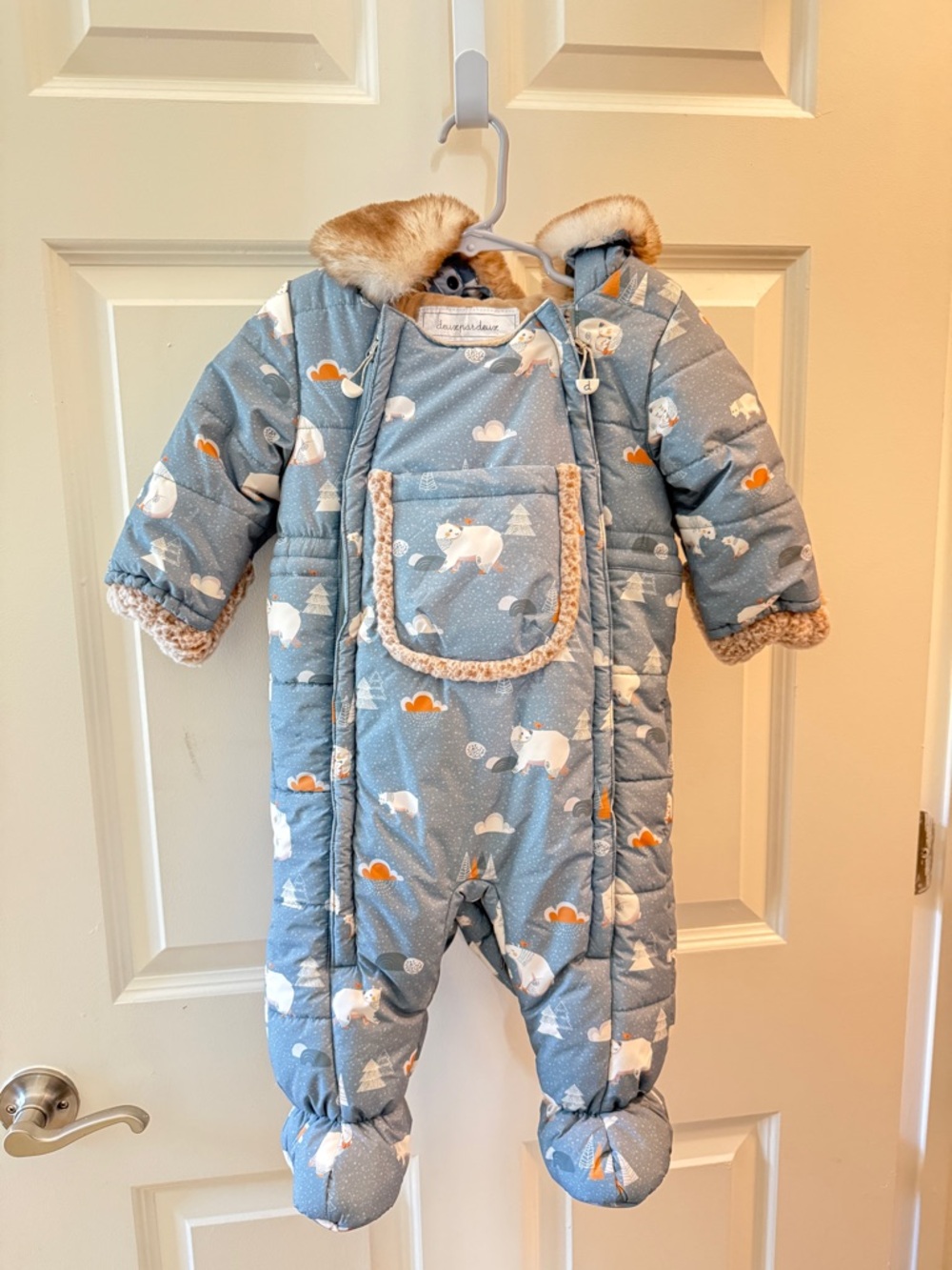 deux par deux Light Blue Dot Baby Snowsuit with Faux Fur Trim